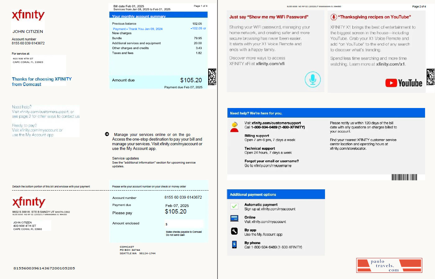 USA Xfinity utility bill template in Word and PDF formats, 4 pages, version 3, 1 2 pages